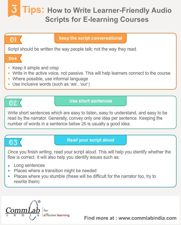 3 Tips to Develop Excellent Audio Scripts for Your E-learning Courses—a information graph . 3 Tips to Develop Excellent Audio Scripts for Your E-learning Courses—a information graph